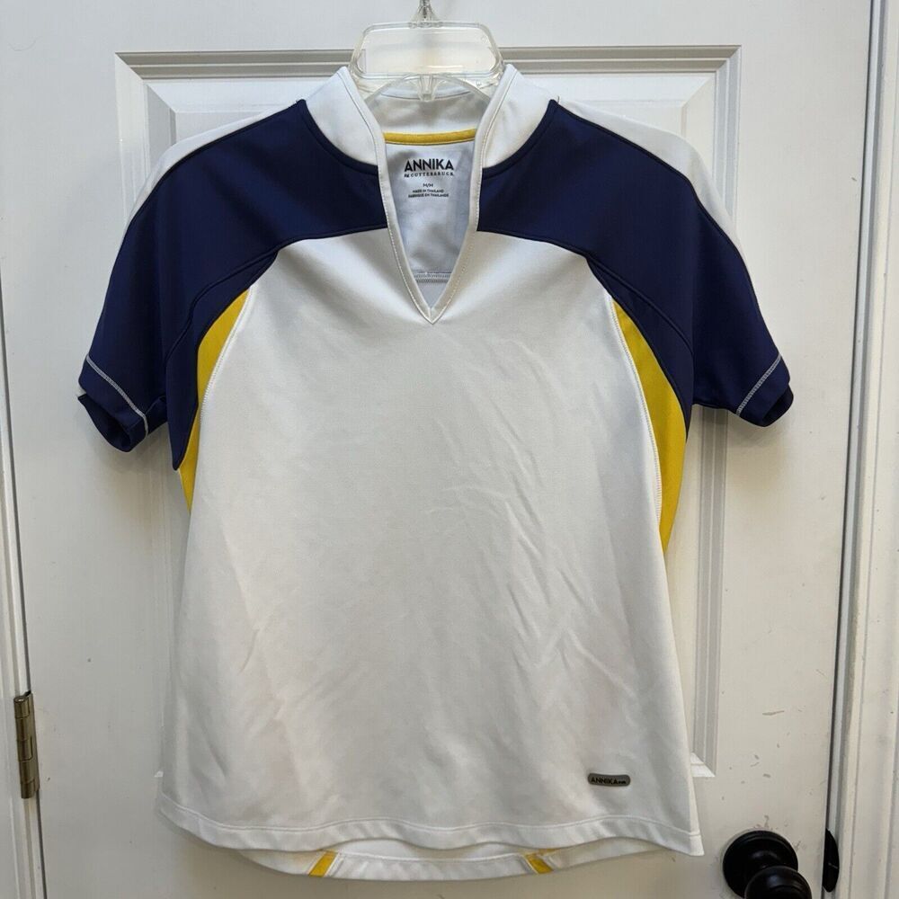 Annika Cutter & Buck Women’s Golf Top M White Blue Yellow Mock Collar